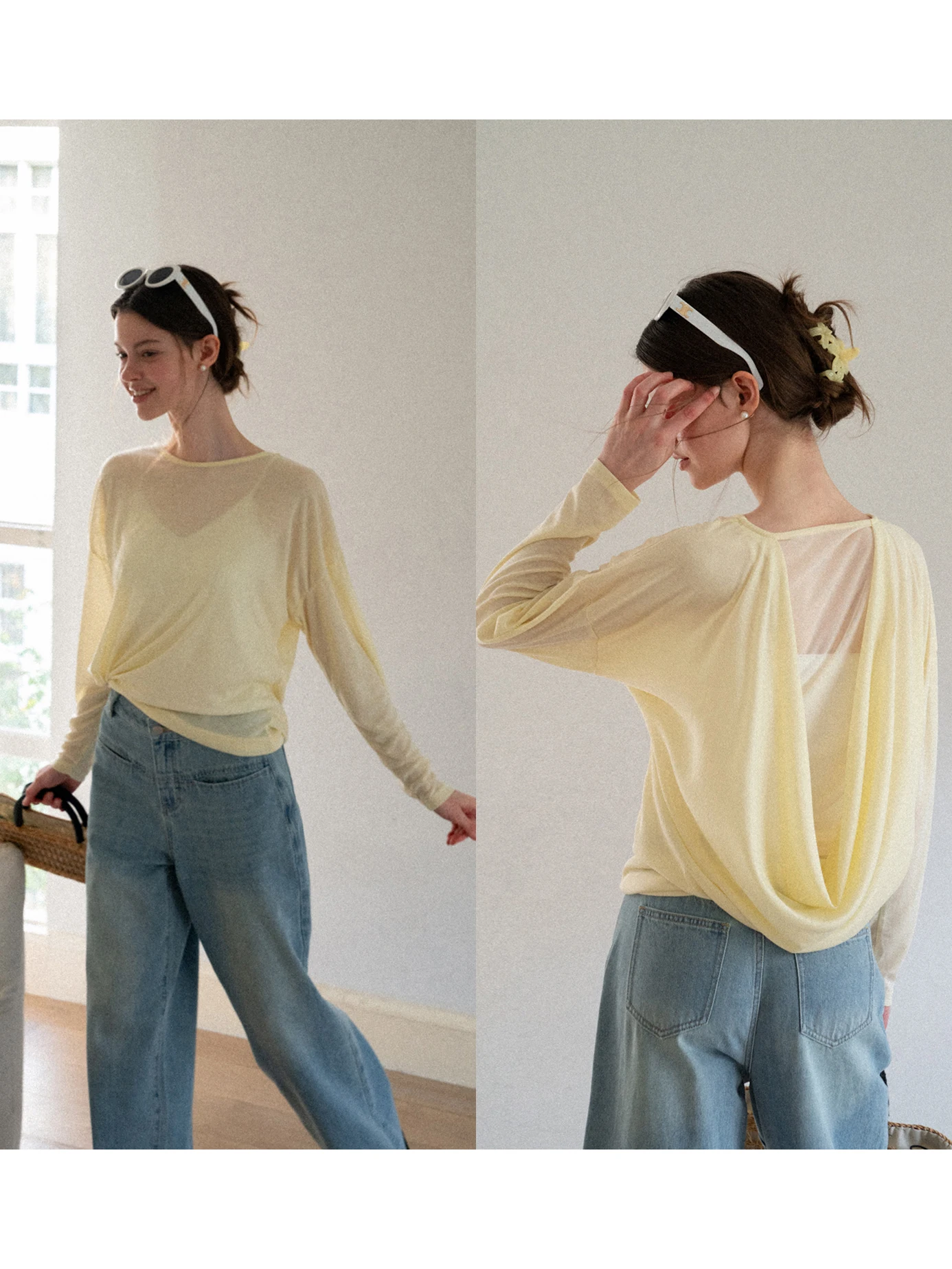 

Eggka Loose Backless Long Sleeve T-Shirt Women Summer Pure Color Design Slimming Ruffle Hemline French Style round Neck Top