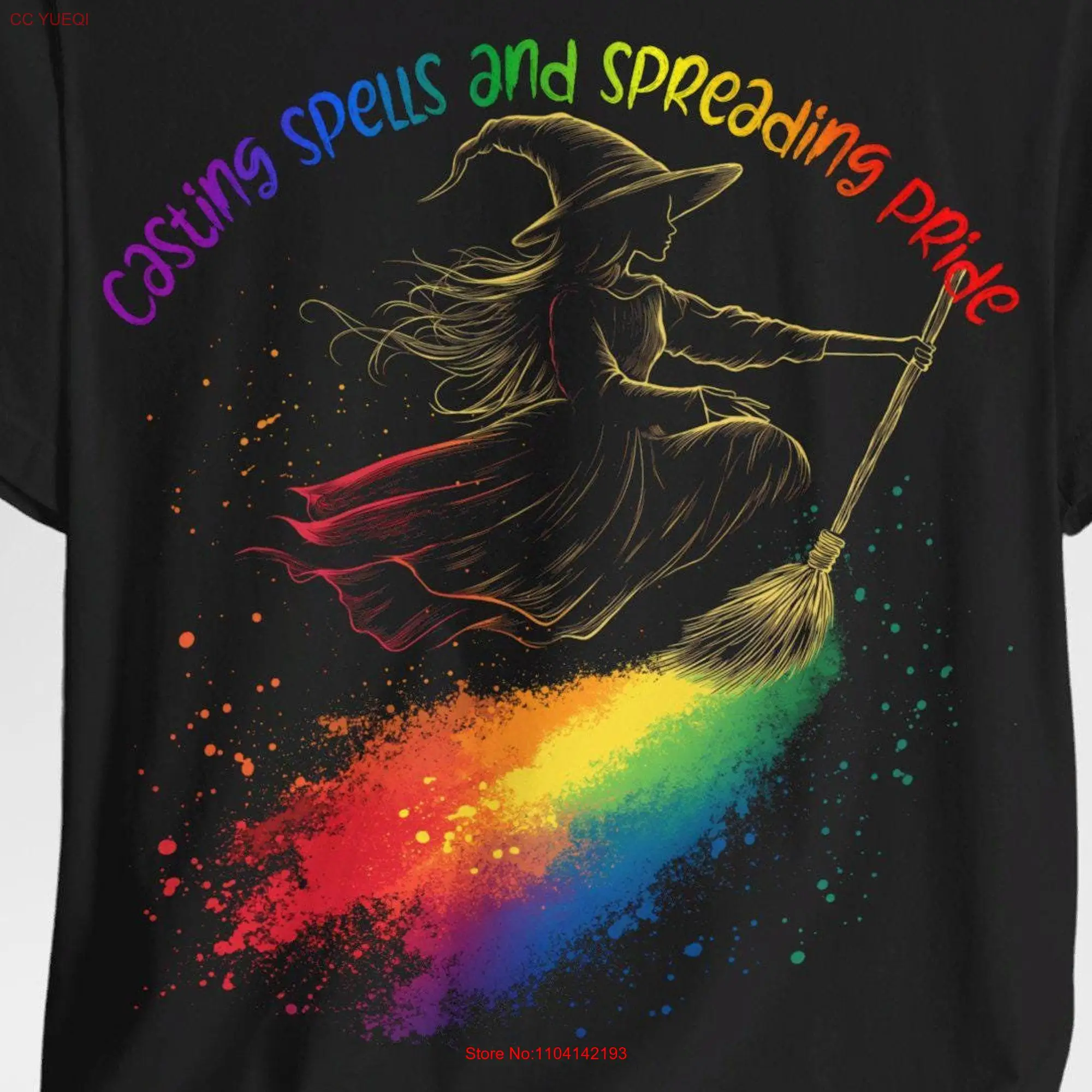 Pride Halloween T Shirt Cute Witch on Broom with LGBTQ Rainbow Black Bella Canvas 3001 Casting Spells and Spreading