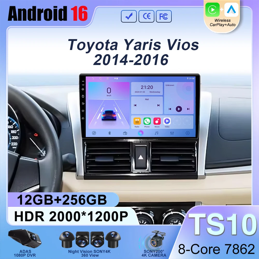 

Android 16 Car Radio For Toyota Yaris Vios 2014 2015 2016 Stereo Unit Multimedia Player GPS Navigation BT Carplay Android Auto