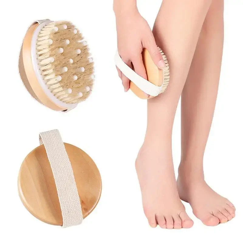 

Natural Boar Bristles Dry Body Brush Wooden Round Shower Bath Brushes Exfoliating Massage Cellulite Treatment Blood Circulation