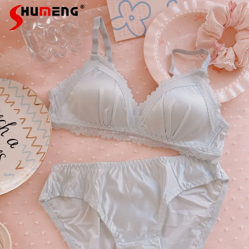 サテンフレンチレースブラセット女性用ソフトシンプル小胸ブリーフスーツ女性和風甘いかわいいセクシーな下着