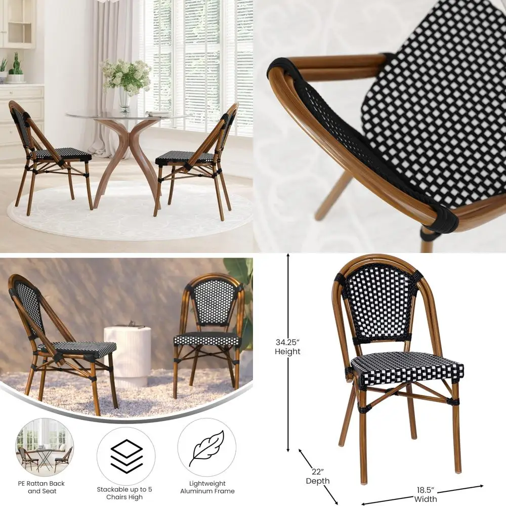 كرسي إيما وأوليفر سوي بيسترو: مقعد وظهر من البولي إيثيلين المنسوج باللونين الأبيض والأسود، إطار من الألومنيوم على طراز الخيزران، مناسب لأنا