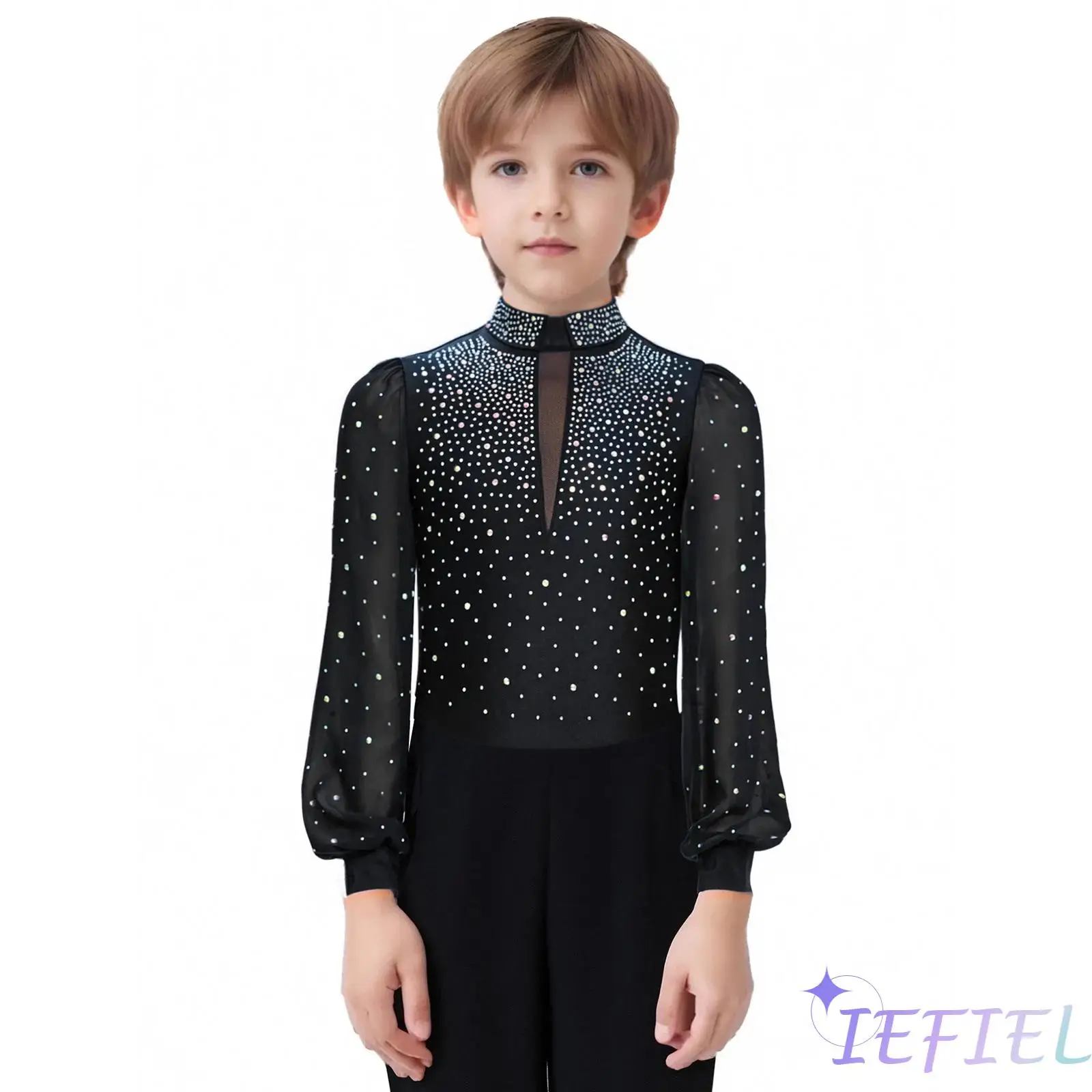 

Boys Long Sleeve Mock Neck Rhinestones Adorned Press Button Crotch Back Zipper Ballet Leotard Bodysuit for Figure Skating Dance