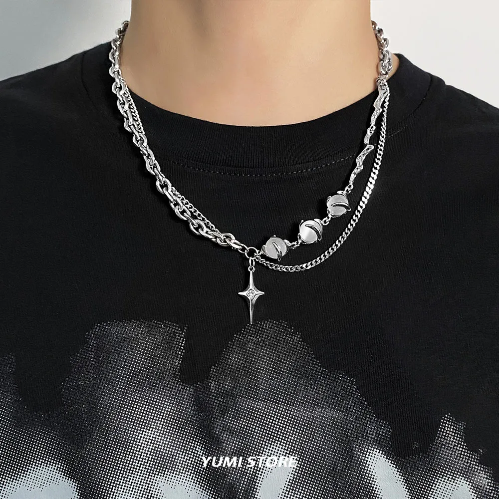 

Titanium Steel Multi layered Star Cross Pendant Necklace For Men Women Trend Kpop Crystal Bead Sweater Chain Unisex Jewelry