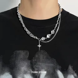 Titanium Steel Multi layered Star Cross Pendant Necklace For Men Women Trend Kpop Crystal Bead Sweater Chain Unisex Jewelry