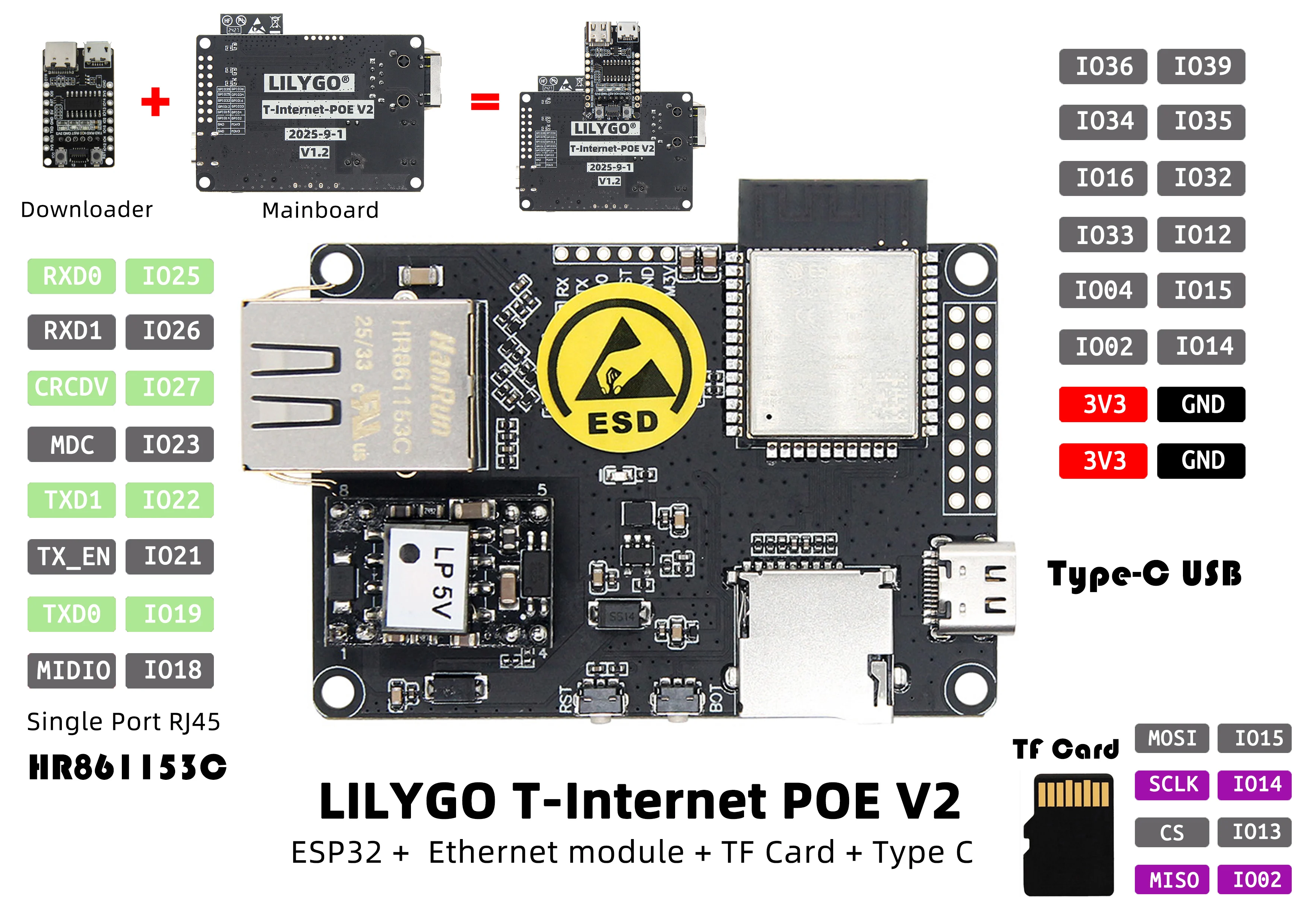 LILYGO ® TTGO T-Internet-POE ESP32-WROOM LAN8720A Chip Ethernet Adapter und Downloader Erweiterungsplatine Programmierbare Hardware – Detail 8