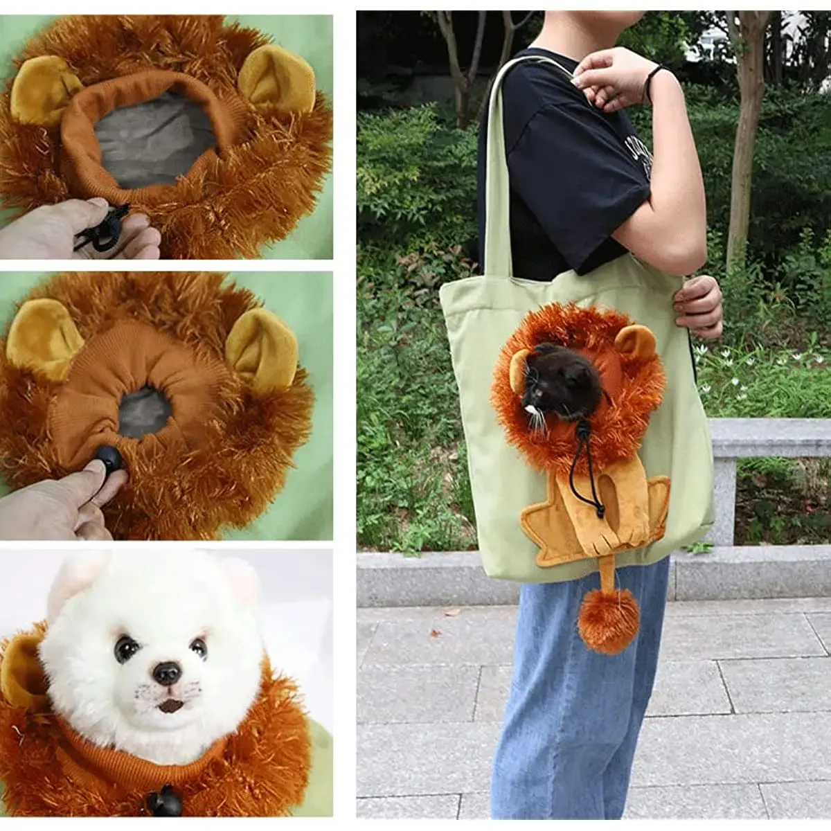 2024 New Cute Lion-Shaped Pet Canvas Shoulder Bag Cat Carrier, Portable Cats Small Tote Chest Bag, Carrier for Dogs and Supplies