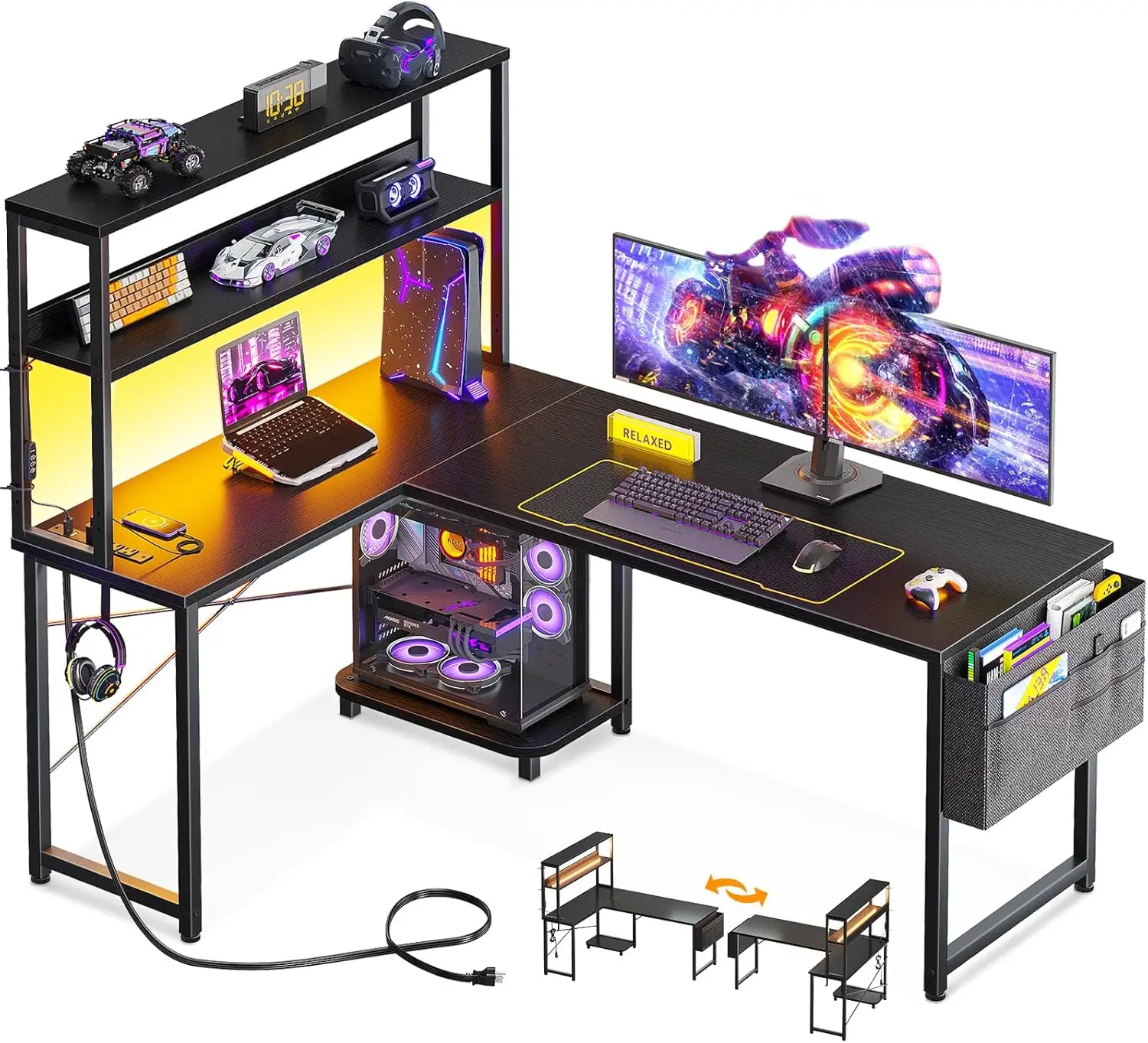 

53 Inch L Shaped Desk with LED Lighting, Reversible Gaming Desk with Power Outlets, Cornor Computer Table with Storage Shelves