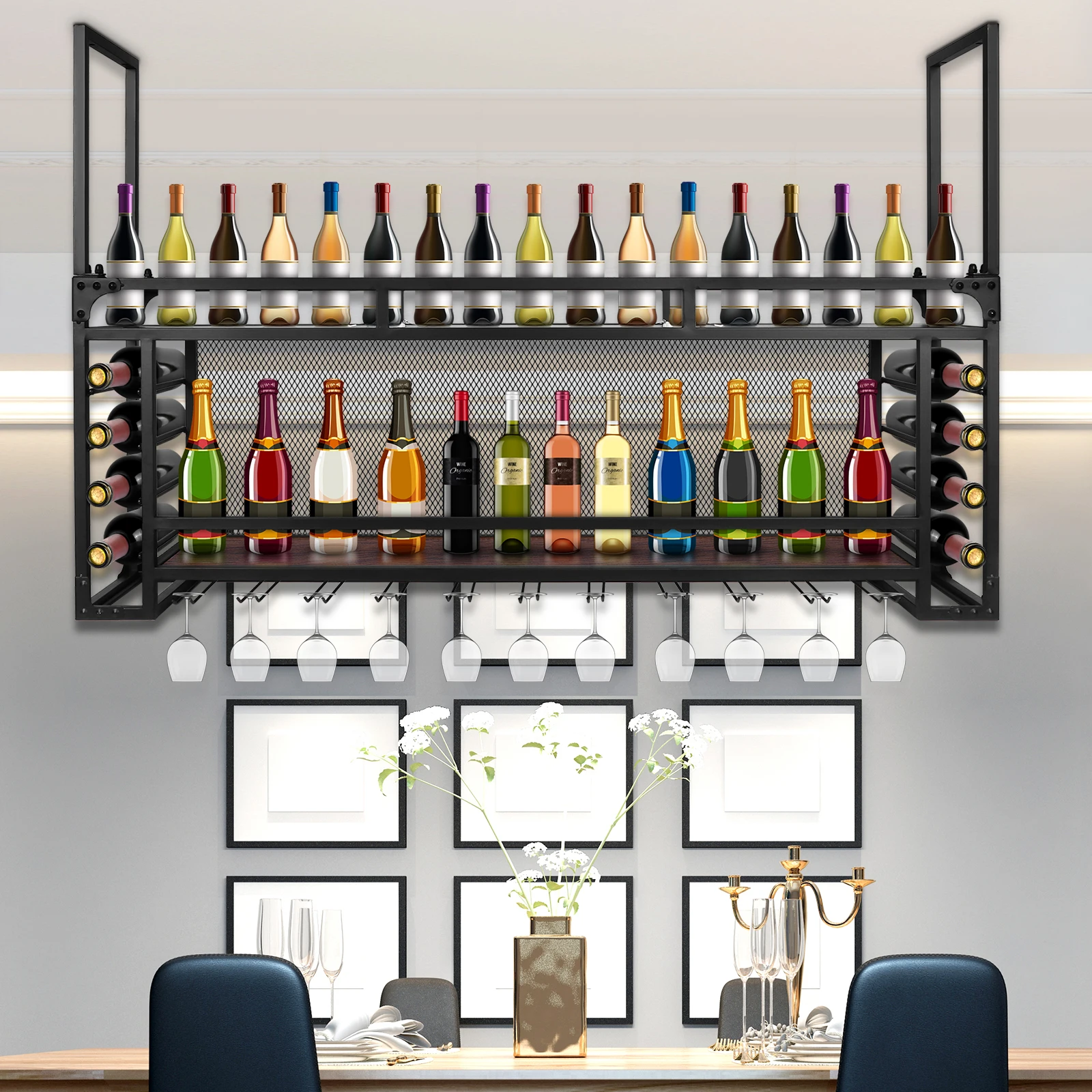 

Wall Mounted 2 -Tiers Metal Wine Rack Bar Shelves Simple Type With Light Iron Wine Bottle Display Rack for Bar Restaurant Indoor