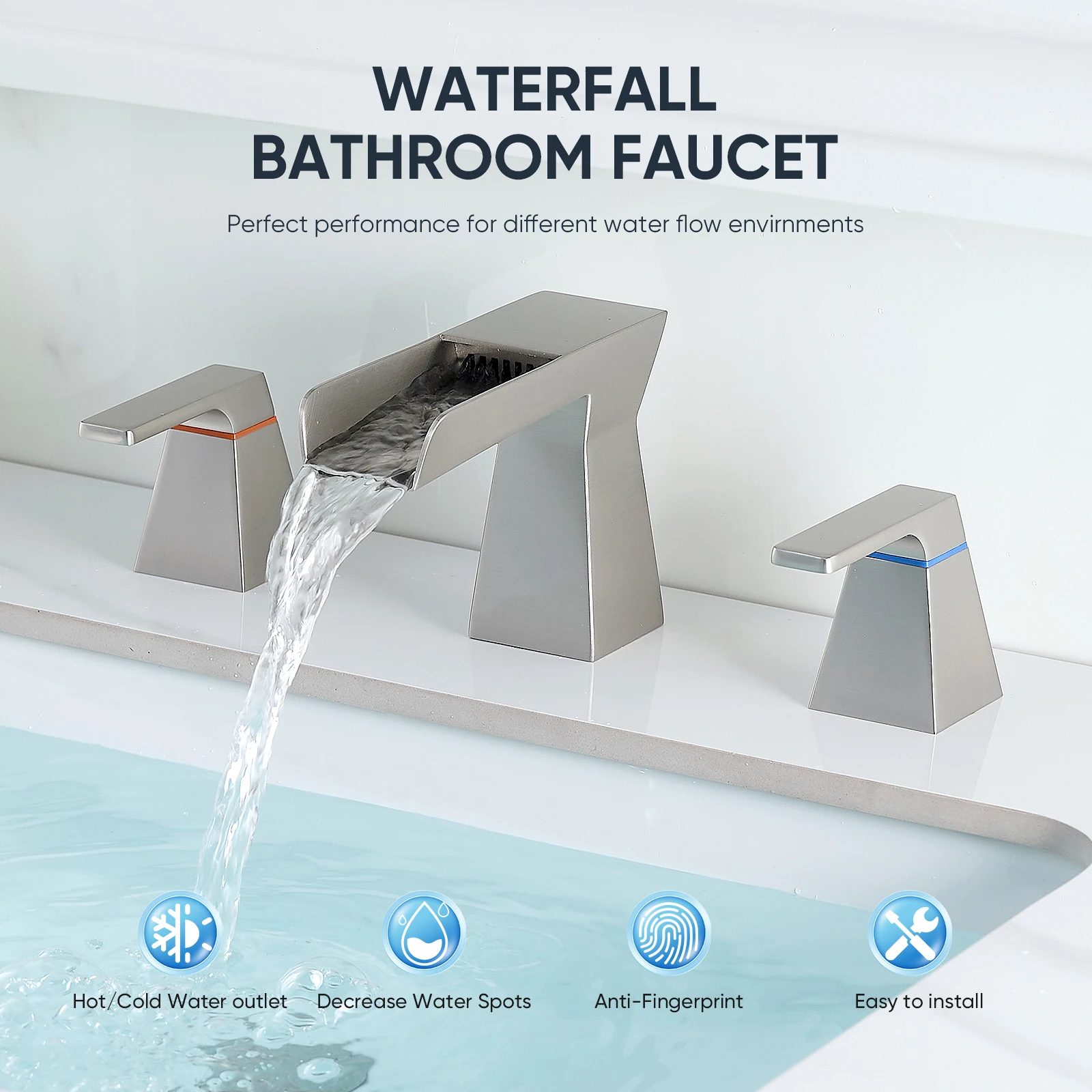 

Brushed Nickel Bathroom Faucet 3 Holes Two Handles Lavatory Vanity Sink Faucet Widespread Basin Sink Waterfall LED Faucet 855123