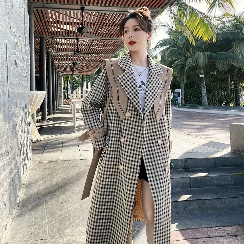 Navy Collar Shawl Plaid Trench Coat Women Autumn 2023 Double-Breasted Overcoat Popular Hepburn Wind Long Windbreaker Jacket Lady