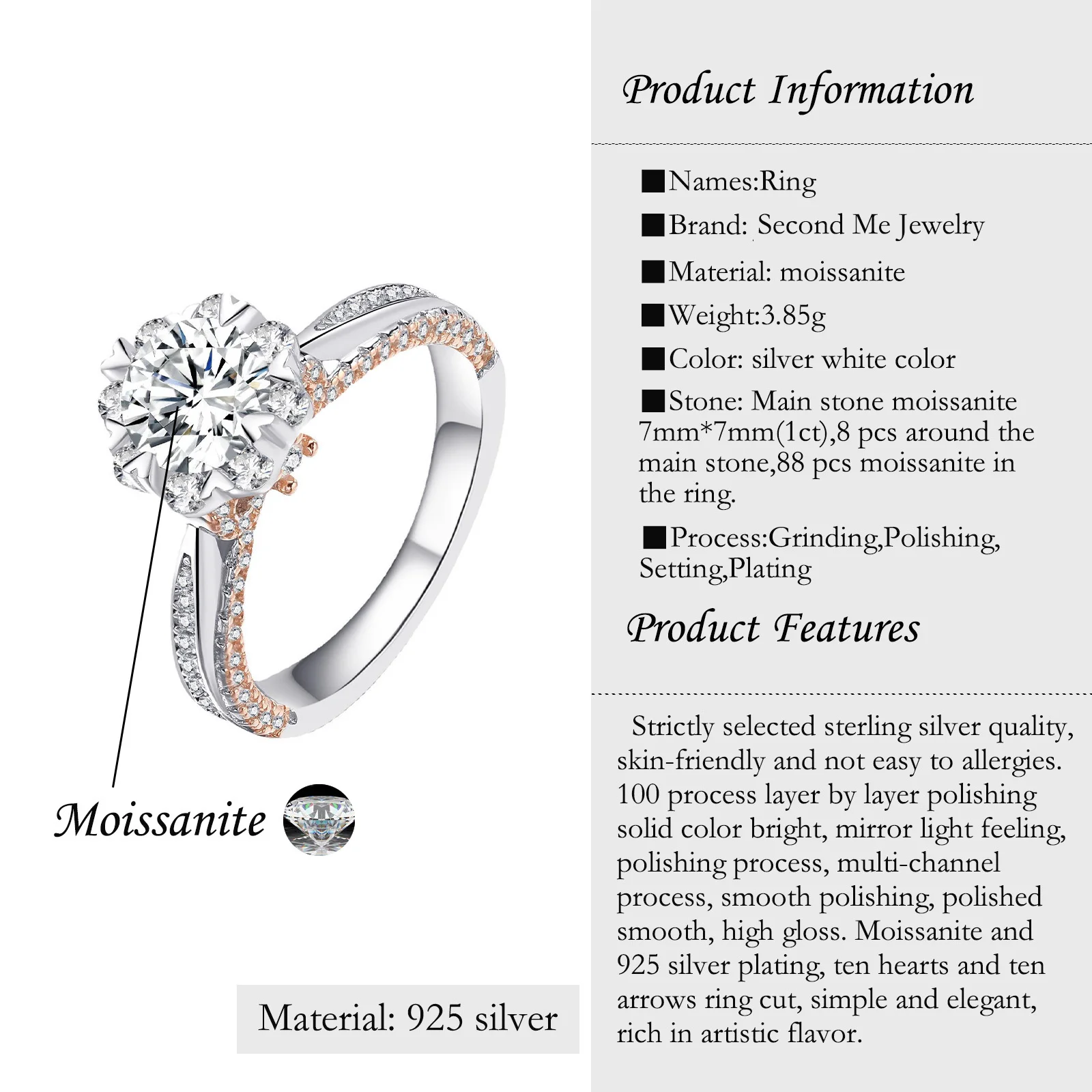 【JYJZZ122】S925 srebrny Moissanite lekki luksusowy ślubny pierścionek zaręczynowy z kokardką Boutonniere 1 CT Moissanite Ring