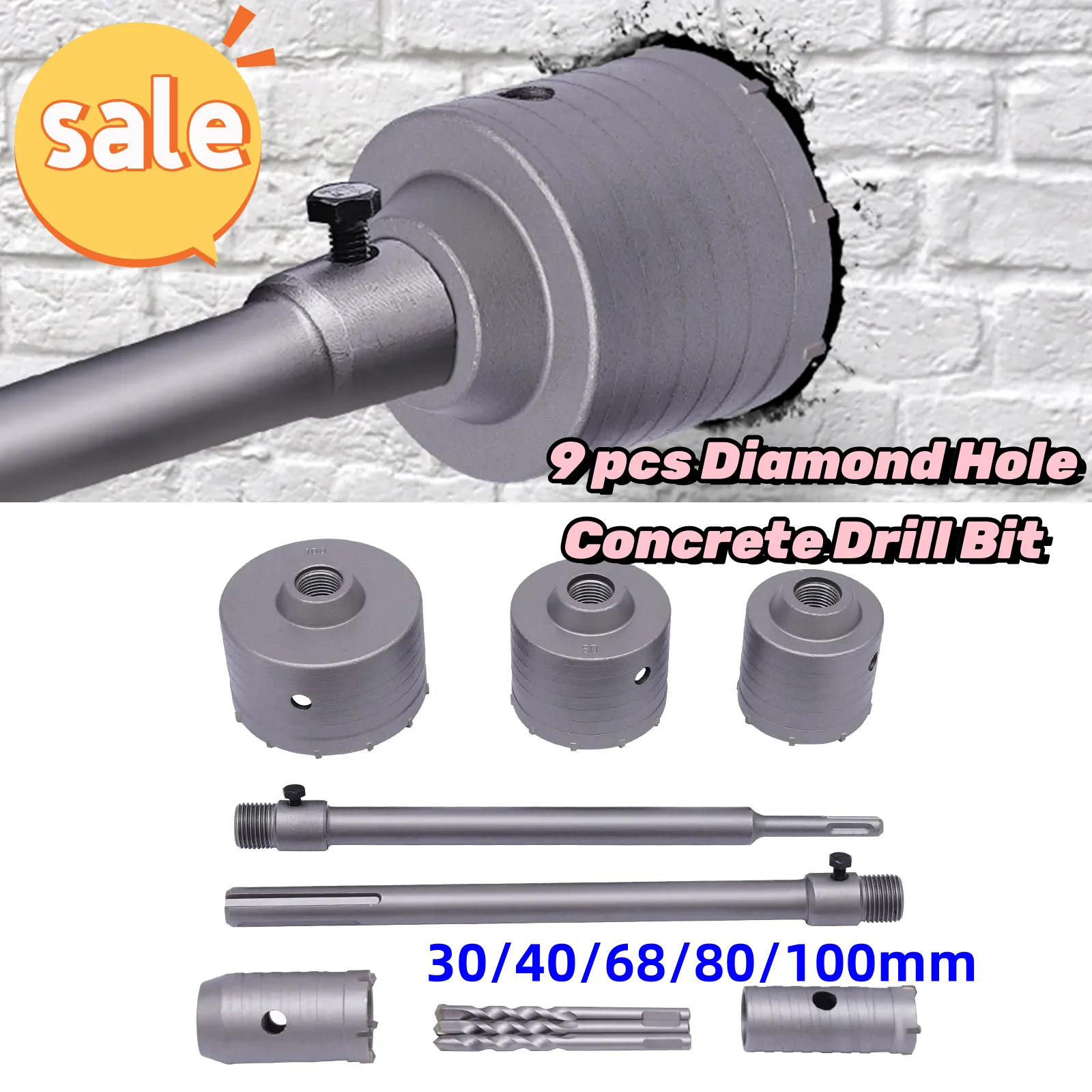 9 pcs Diamond Hole Concrete Drill Bit Set Hole Saw Cement Brick Full Kit 30/40/68/80/100mm