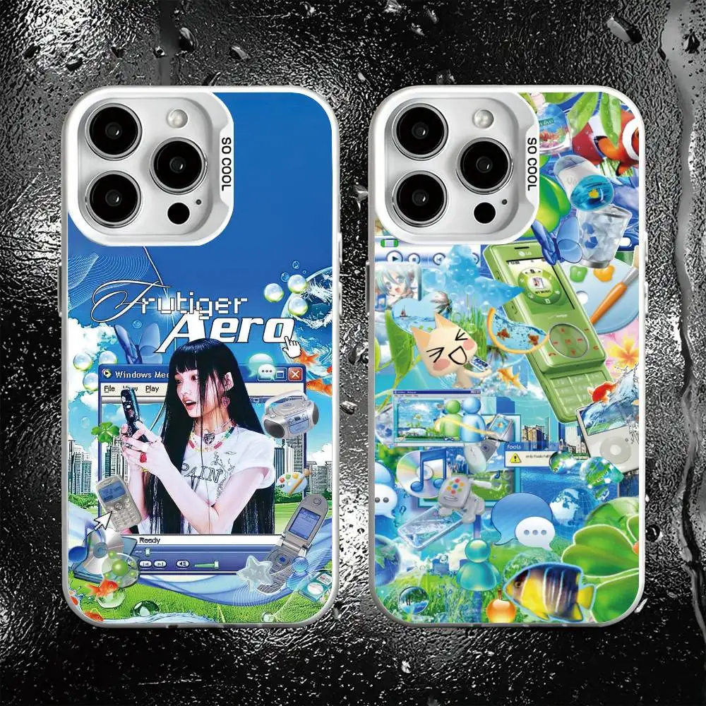 

ART Frutiger Aero Aqua Nostalgia Phone Case For iPhone 17,16,15,14,13,12,11 Plus,Pro Max,XS,Colored Silver Plated Inside Cover