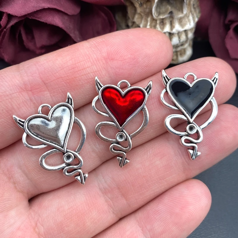 6 uds 28*20mm gótico diablo corazón encantos esmalte corazón Halloween Charmr ajuste joyería hacer accesorios de joyería DIY