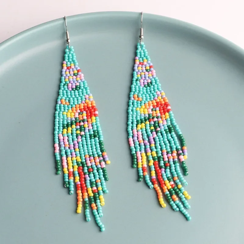 Beaded earrings Tassel Flowers Design Originality Hand knitting Alloy Tide Simple Bohemia Versatile Female Rice bead earrings