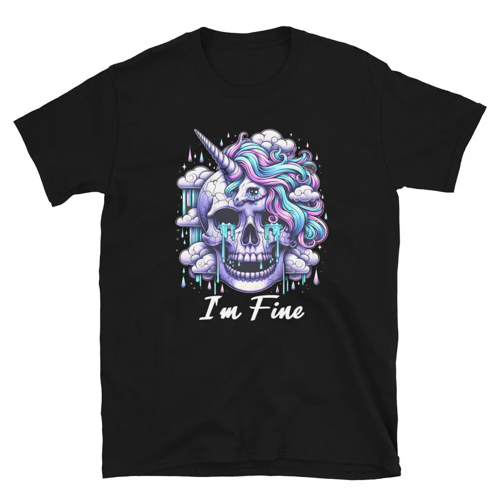 

I'm Fine Skull Unicorn Unisex Cotton T-Shirt Skeleton Sarcastic Novelty Tee