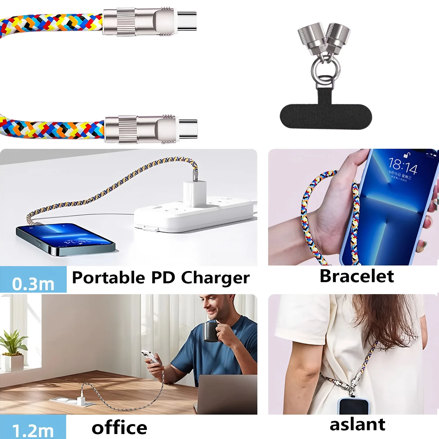 كابل بيانات USB-C إلى C سريع الشحن بقدرة 240 وات، مناسب لحبل الهاتف من النوع C وكابل شحن 2 في 1 وسوار معصم للرقبة من C إلى C #5