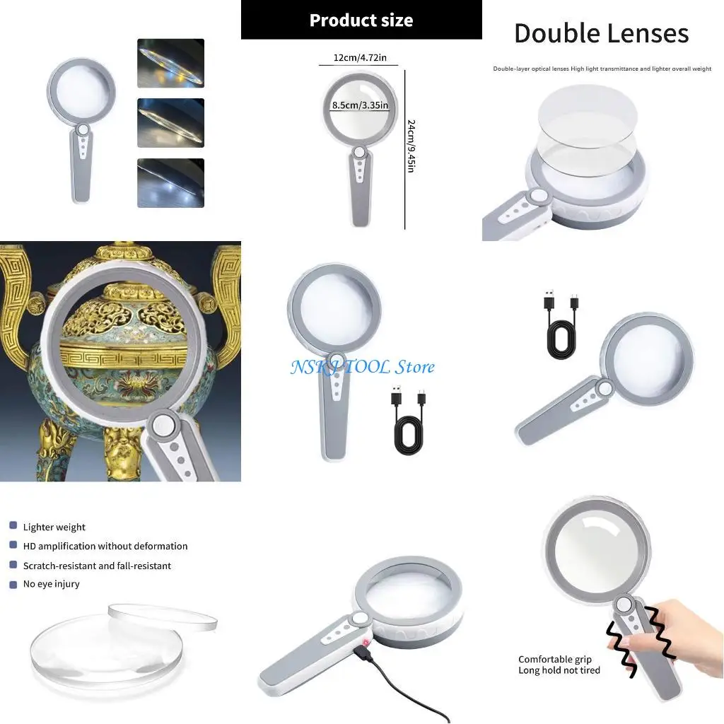 

L8RC Bright LED Handheld Glass Double Lens High Power Magnifier for Elderly Student Craftsmen Enhancing Visual Aid