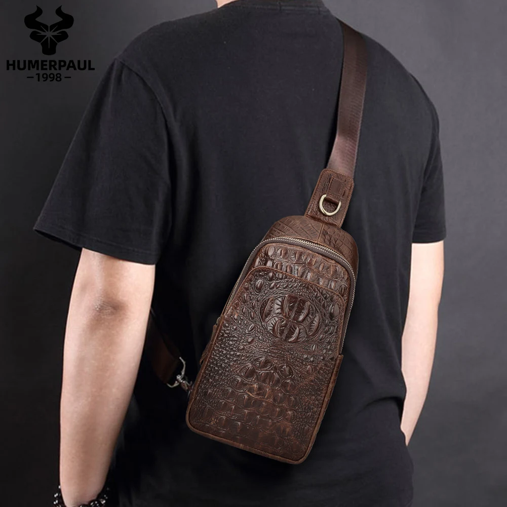 HUMERPAUL Crocodile Pattern Chest Bag Men First Layer Leather Classic  Crossbody Bag Retro Mobile Phone Bag for Outdoor