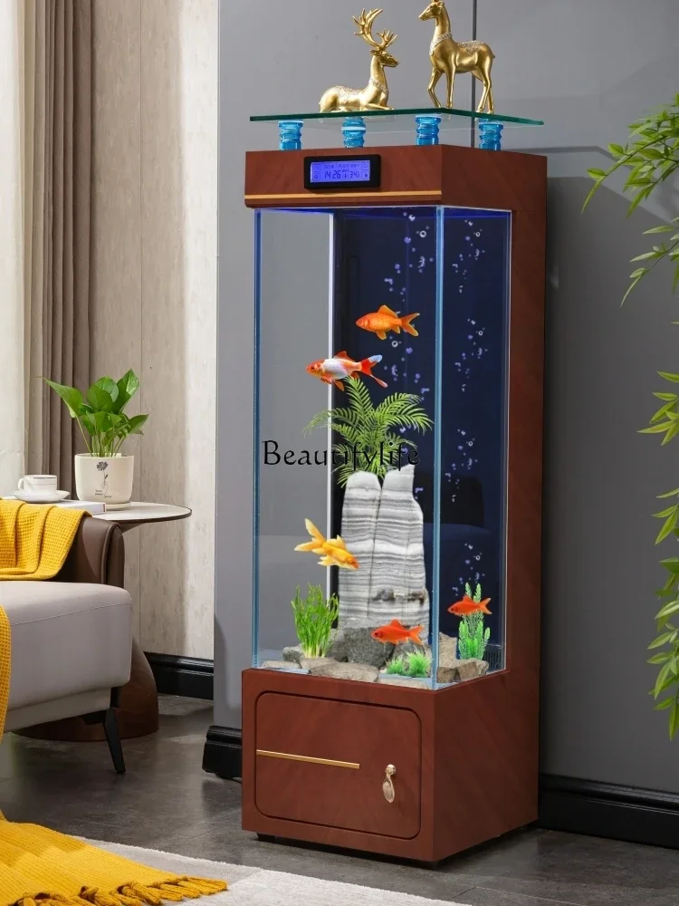 Light Luxury Floor Fish Tank Aquarium Living Room Home Ecological Wall Gold Crystal Super White Glass