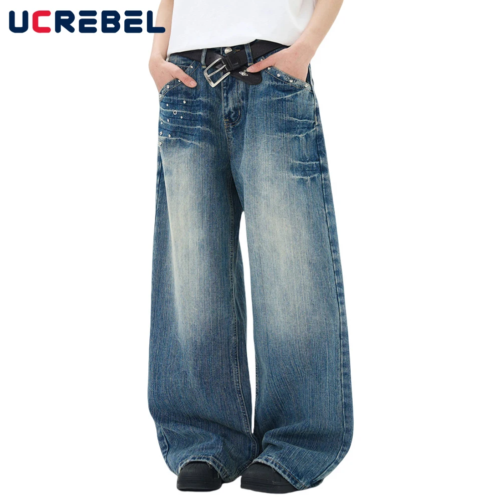 

Retro Rhinestone Jeans Mens with Rivets High Street Washed Distressed Loose Loose Straight-leg Denim Pants Men
