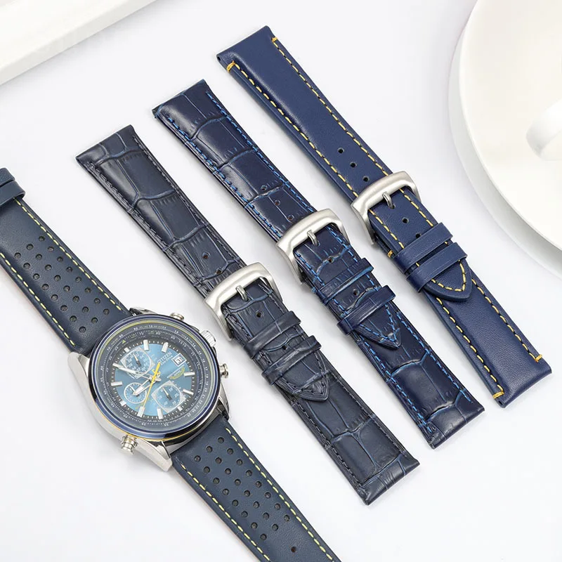 For Citizen Blue Angel 2 Generation Genuine Leather Men 22 23mm Eco-Drive Original Blue Yellow Line High Quality Watch Strap