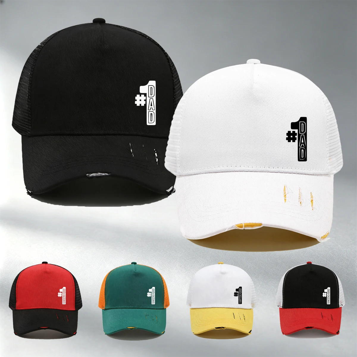 Czapka baseballowa unisex z nadrukiem DAD i efektem rozdarcia – modny design, oddychająca siatka, idealna do sportów outdoorowych, czapka codzienna, czapka sportowa