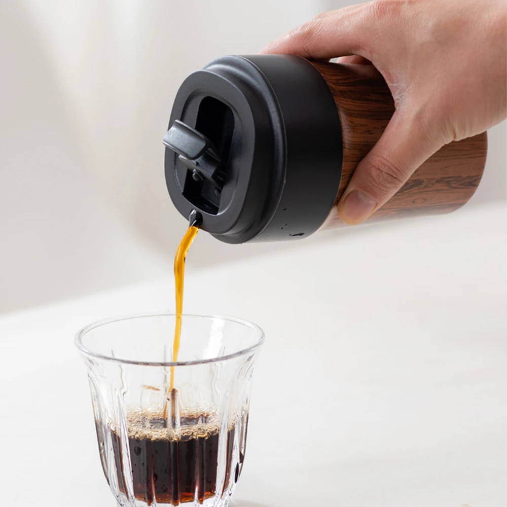 Portable Wood Grain Coffee Mug with Lids Vacuum Insulated Tumbler Thermos Cup for Keep Coffee Tea Hot Cold Inner Ceramic Coating