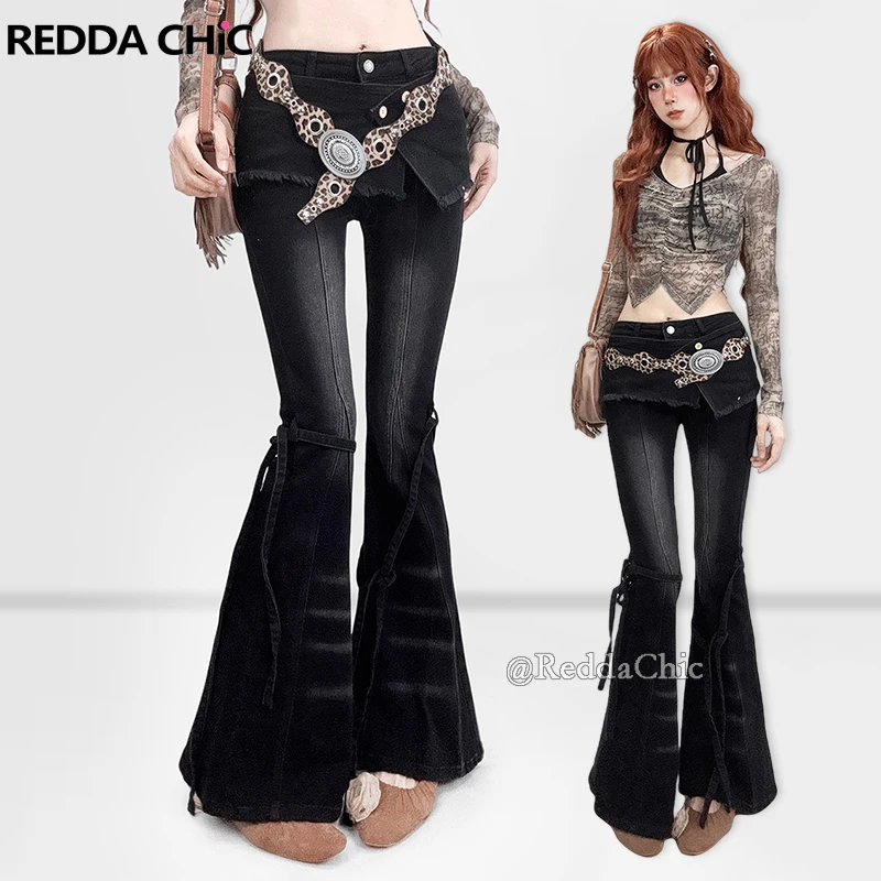 

REDDACHiC Grunge Low Rise Wrap Denim Pants Harajuku Vintage Whiskers Bowknot Bootcut Stretchy Black Jeans Women Acubi Fashion