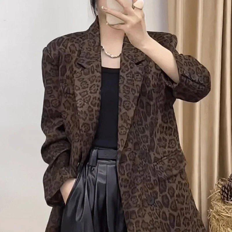 Printed Blazers Office Lady Chic Oversized Long Sleeve Suit Jackets Women Clothing Spring Autumn Korean Fashion Vintage Leopard