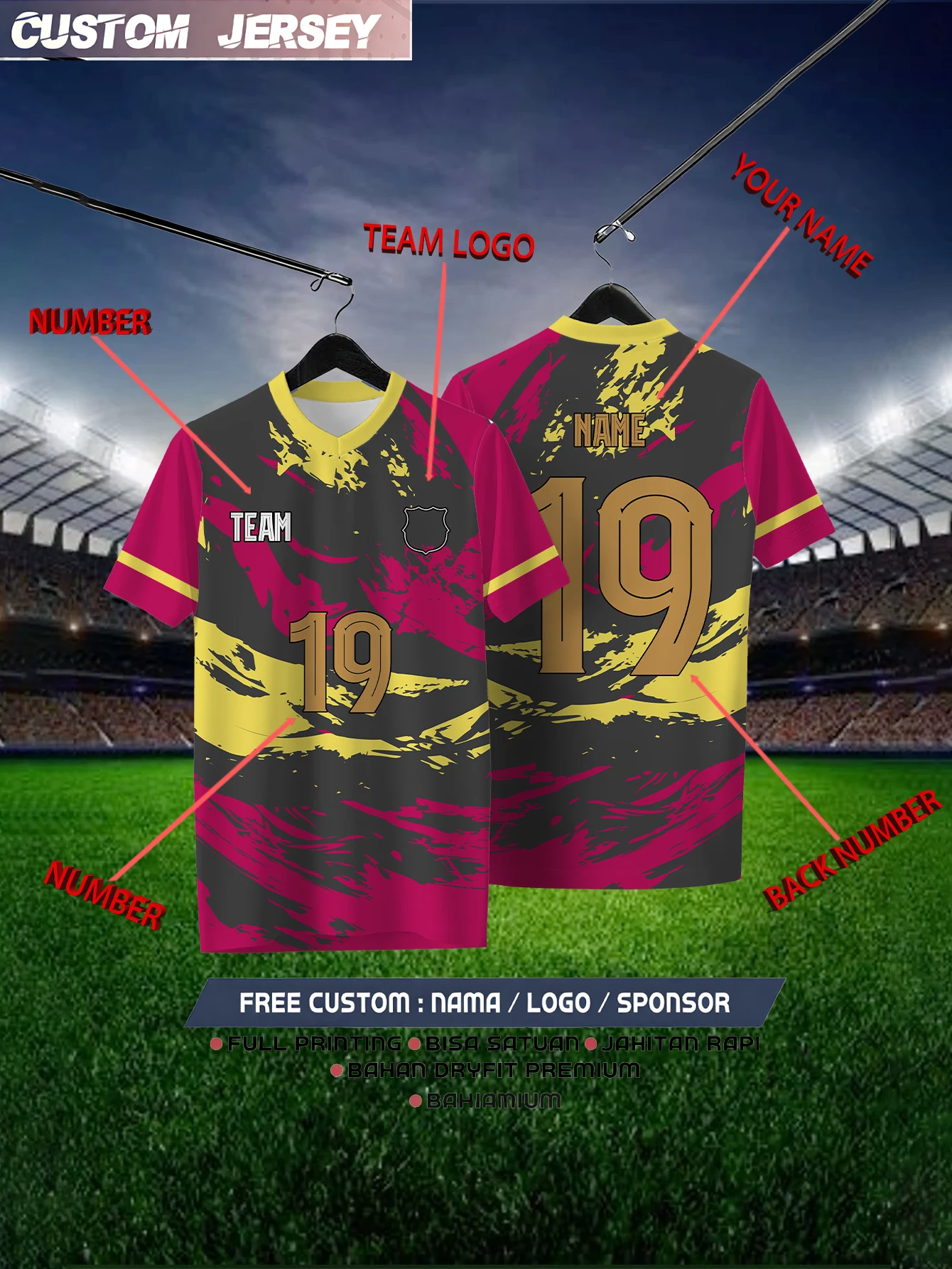 

Customized Geometric Red Short Sleeved Shirt with Team Name, Emblem, Name and Number, Outdoor Sports Short Sleeved T-shirt