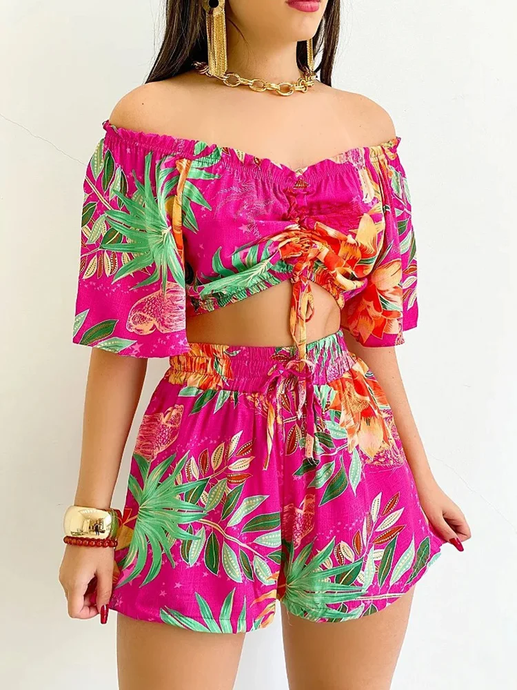 Floral Print Off Shoulder Crop Tops & Shorts Set Casual Summer Women Two Piece Set Outfits