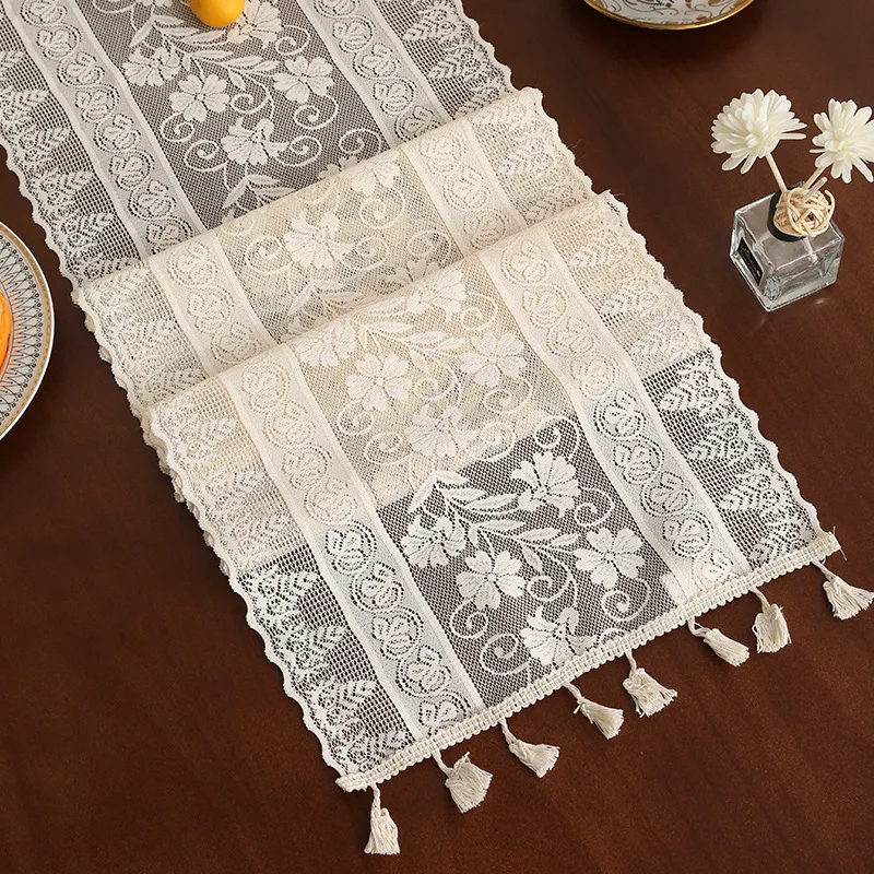 White Lace Table Runner INS Table Flag Dust Cover Wedding Dining Table Cover Embroidered Floral Table Runner with Tassel