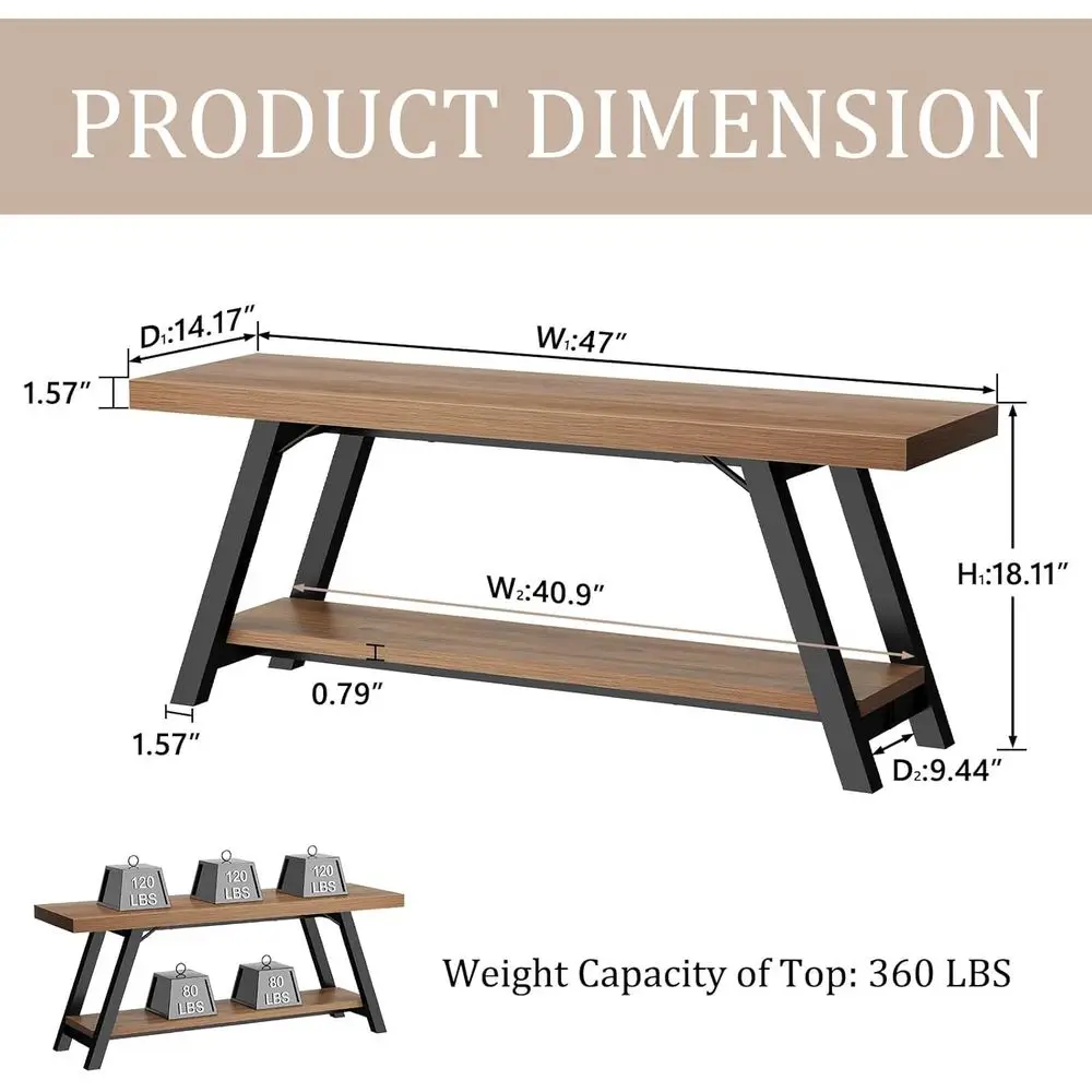Banco de entrada rústico de roble para granja, 47 asientos largos de almacenamiento de madera y metal para sala de estar y comedor