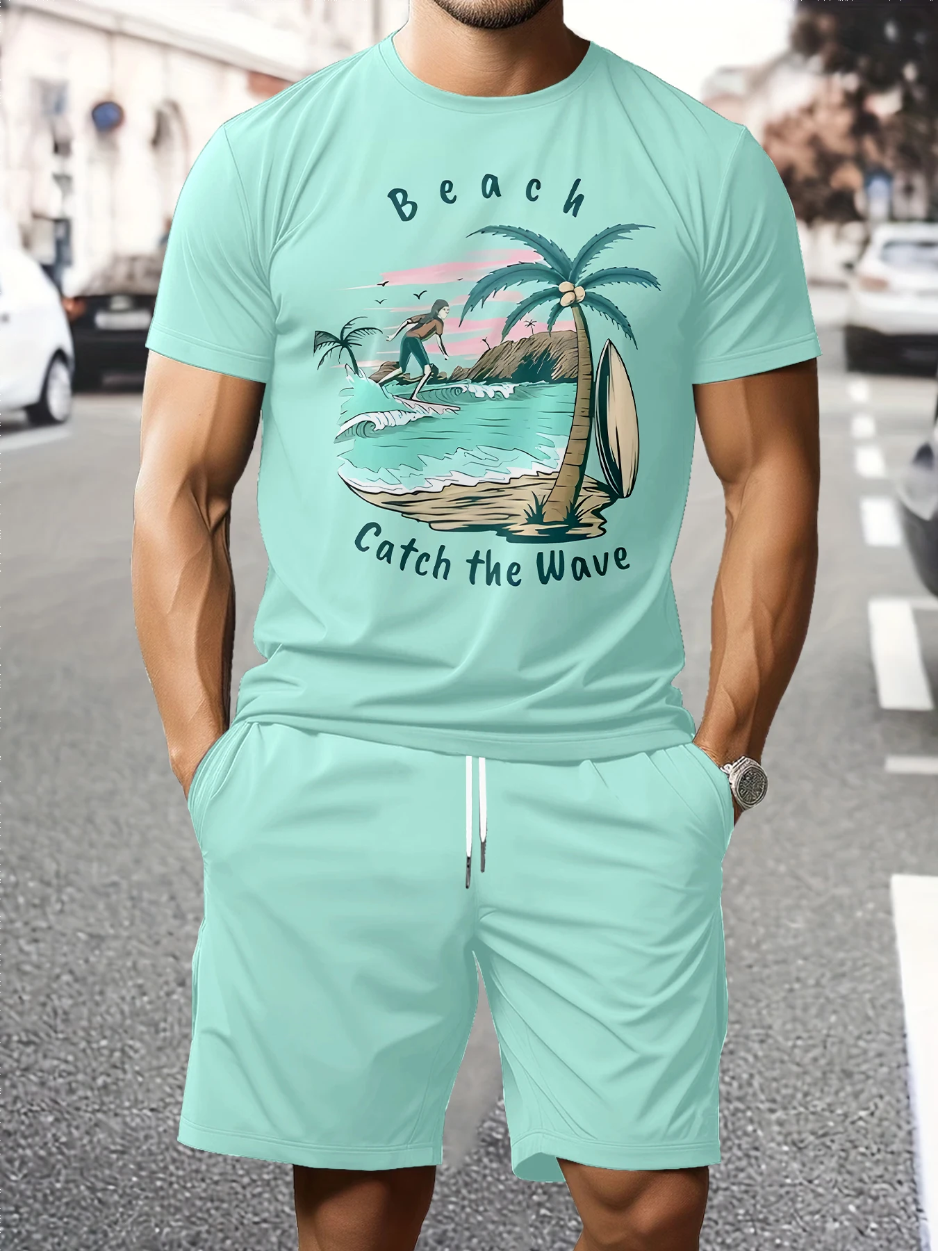 

Boys' Everyday Versatile Outfit, Light Green Beach Print T-Shirt and Shorts, Comfortable Two-Piece Set for Going Out