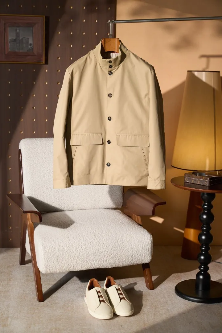 Men Stand Collar Jacket Horn Button Windproof Cotton Cupro Fiber Casual Coat
