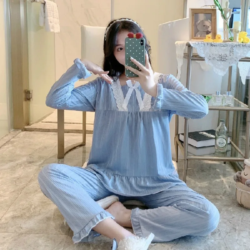 Camisón mujer estilo palaciego pantalones largos de manga larga pijamas de talla grande conjunto de dos piezas romántico mujer Color sólido ropa de dormir a rayas