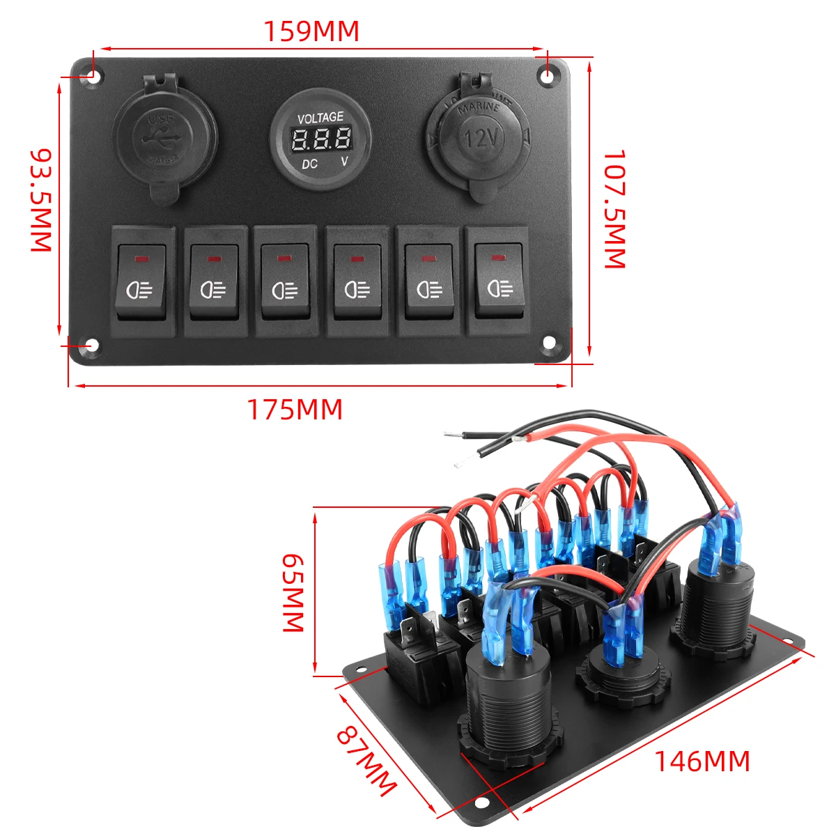 6 Gang Switch Panel with 12V-24V LED Digital Voltmeter Dual USB Charger Lighter Socket for RV Truck Boat SUV