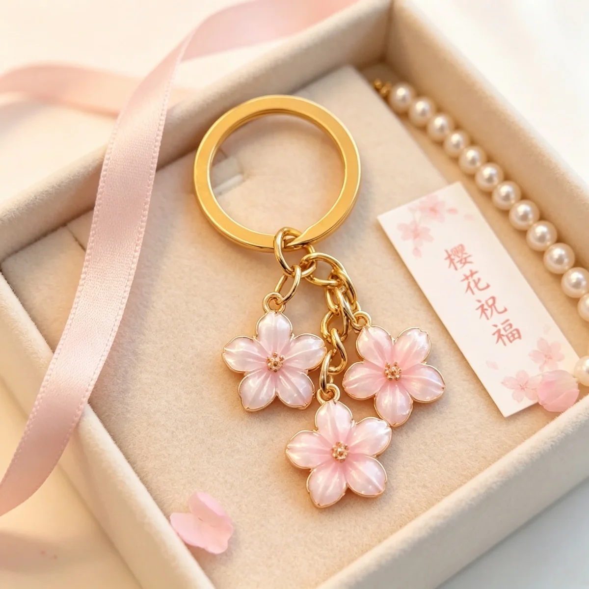 Kawaii Enamel Sakura Keychain Three Cherry Blossom Charms 4 Pastel Color Options Gold Key Ring School Backpack Hanging Ornament