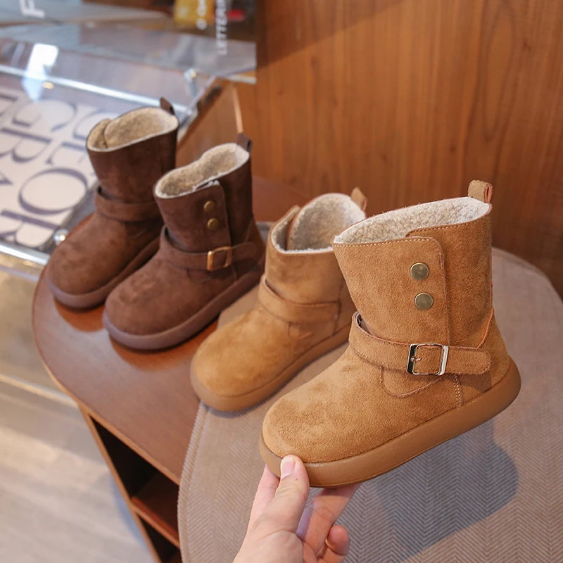 

Kids Winter Boots Girls Brown Suede Warm Fleece Lined Anti Slip Snow Shoes with Buckle Design Children Girls Dress Shoes