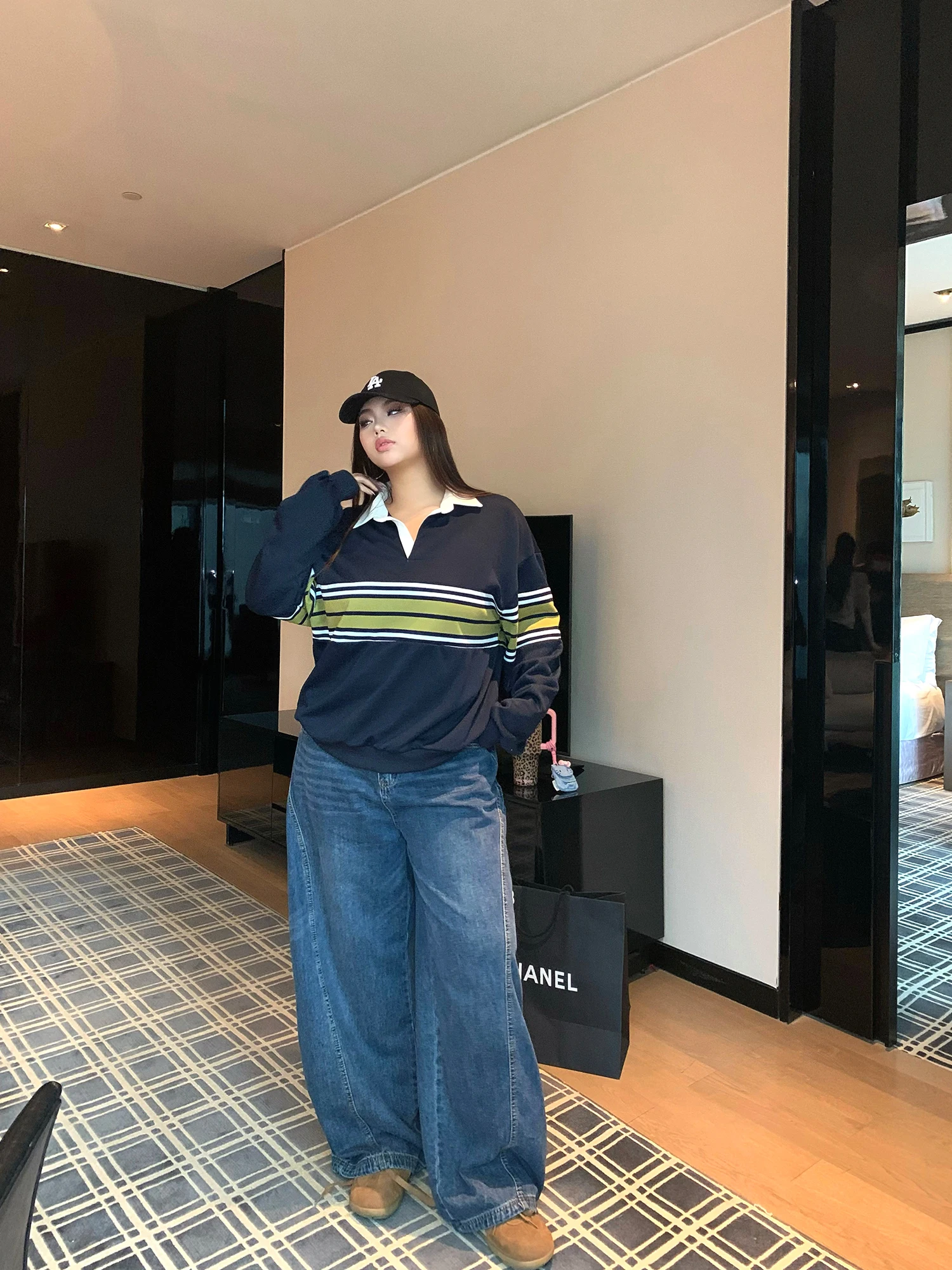 

Waed American Retro Straight Leg Jeans Women's plus Size Loose Slimming Floor-Length Pants High Waist Denim Casual Pure Color