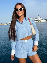 HH Women 2Piece Set Chic White Striped Single-Breasted Long Sleeves Tops+Elegant Casual High Waist Elastic Waist Shourt Pant