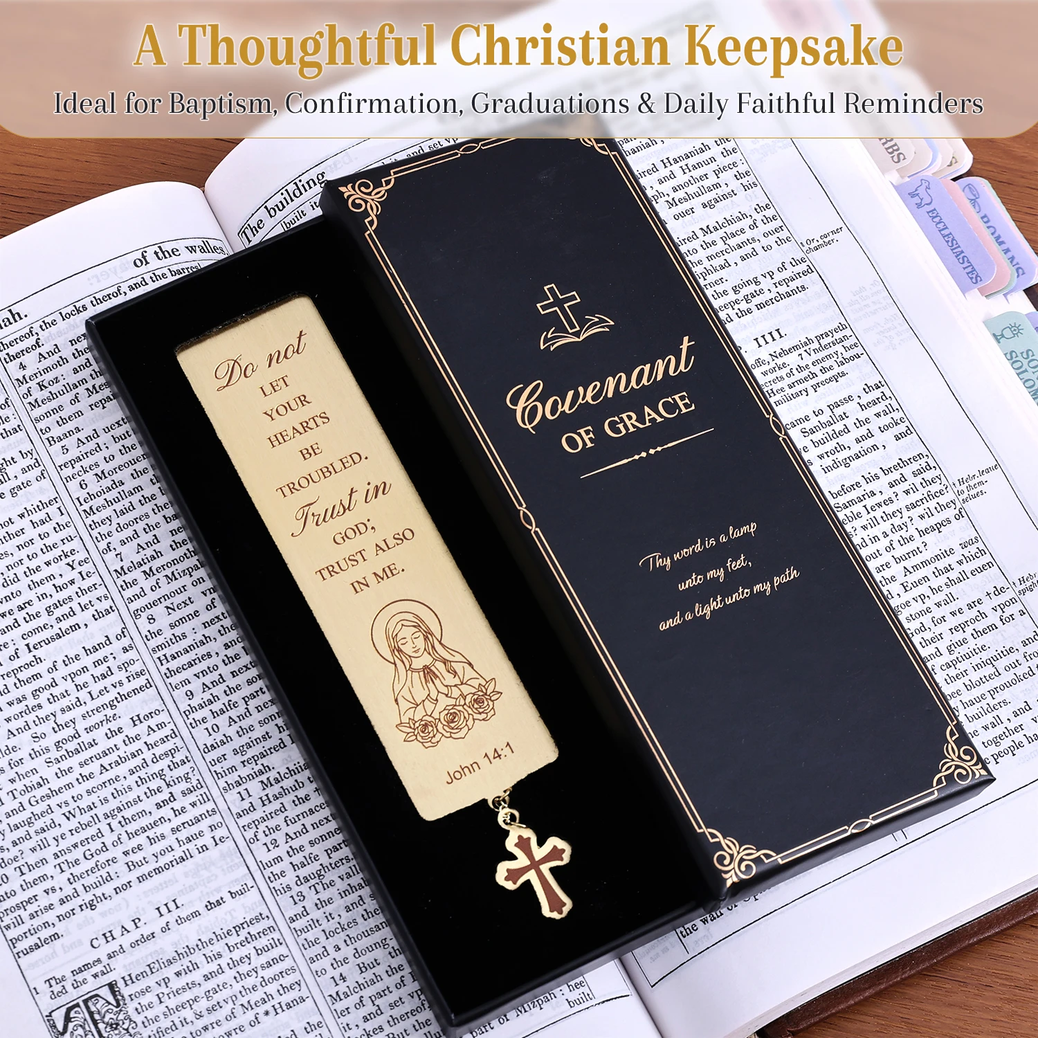 Virgin Mary Brass Bookmark, Religious Book Mark with Cross Chain, Inspirational Faith Gift for Women view 3