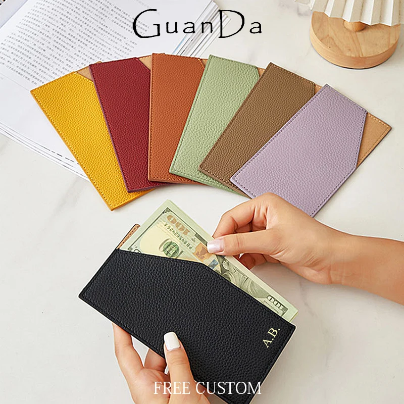 Custom Name Cowhide Luxury Money Clip Woman Fashion Slim Long Wallet Genuine Leather Lady Billfold Card Bag Ticket Storage Bag