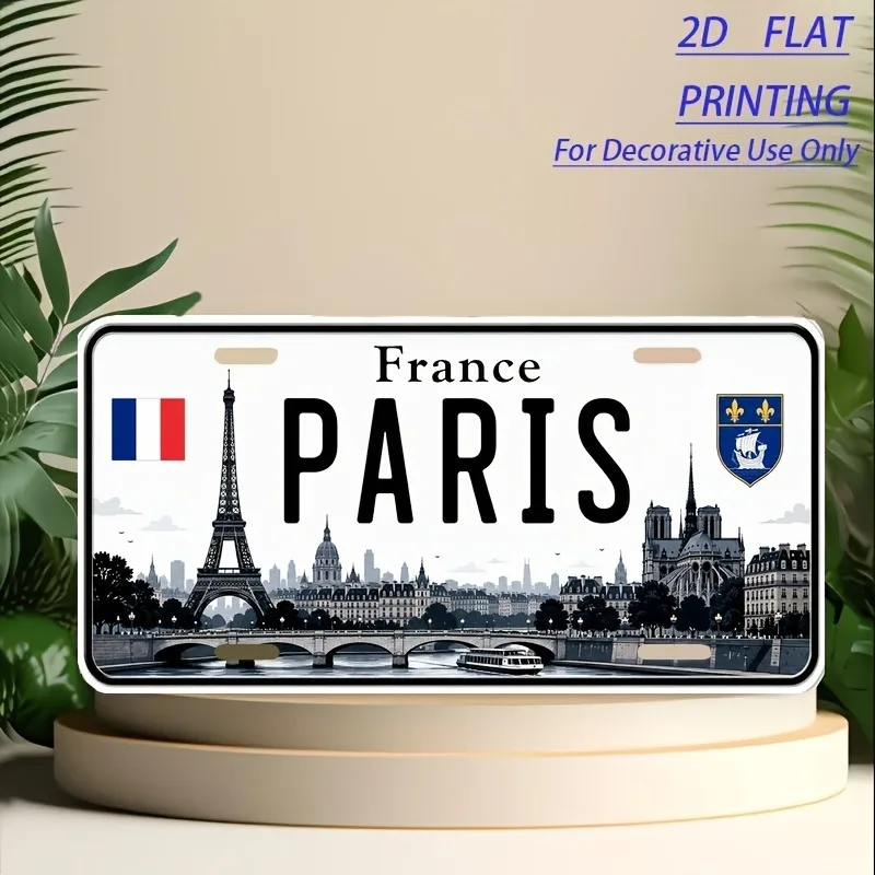 Custom 2D Flat Paris Aluminum Vintage License Plate,12x6 Inch, Decorative Use Only Wall Decor for Man Cave Bar Patio