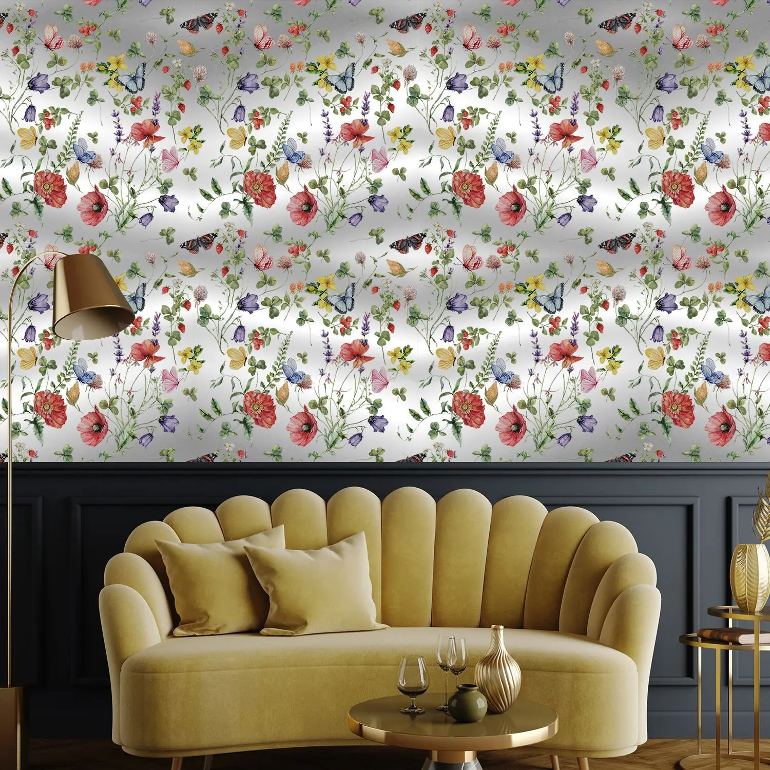 Butterfly Floral Wallpaper Peel and Stick Pastrol Flower Contact Paper Poppy Leaf Removable Wall Paper for Cabinets Bedroom