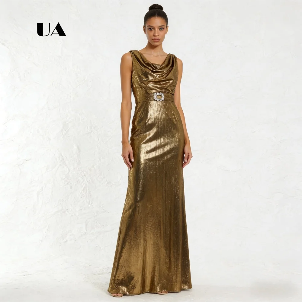 Vestido de baile trompete elegante, vestidos de noite de camisa metálica sem mangas para mulheres, vestido de festa personalizado com gola oscilante e cinto