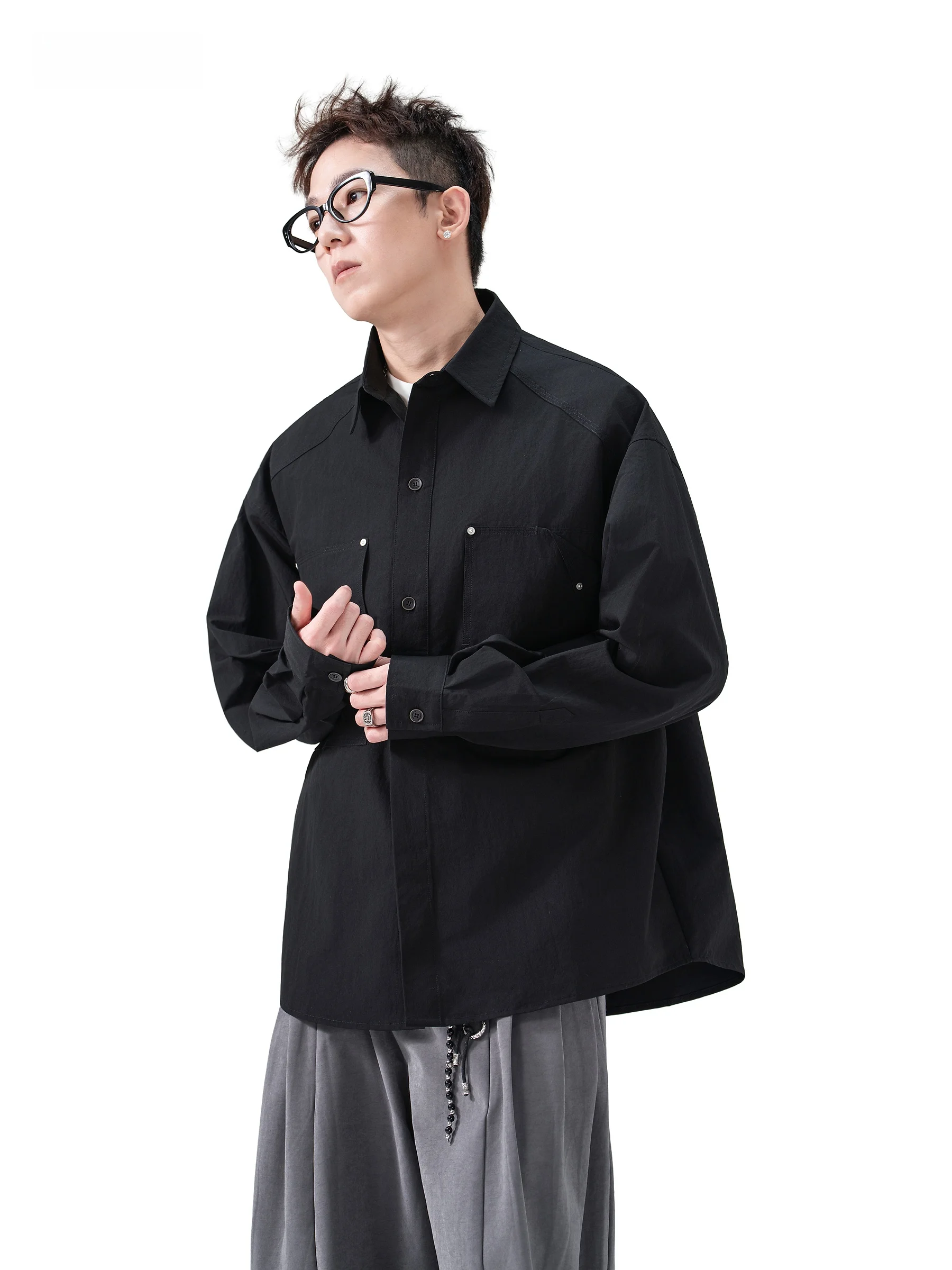 Loose Long Sleeve Collared Shirt Unisex Black Versatile Workwear Multi-Pocket Casual Style Polyester Fiber Breathable Comfort...