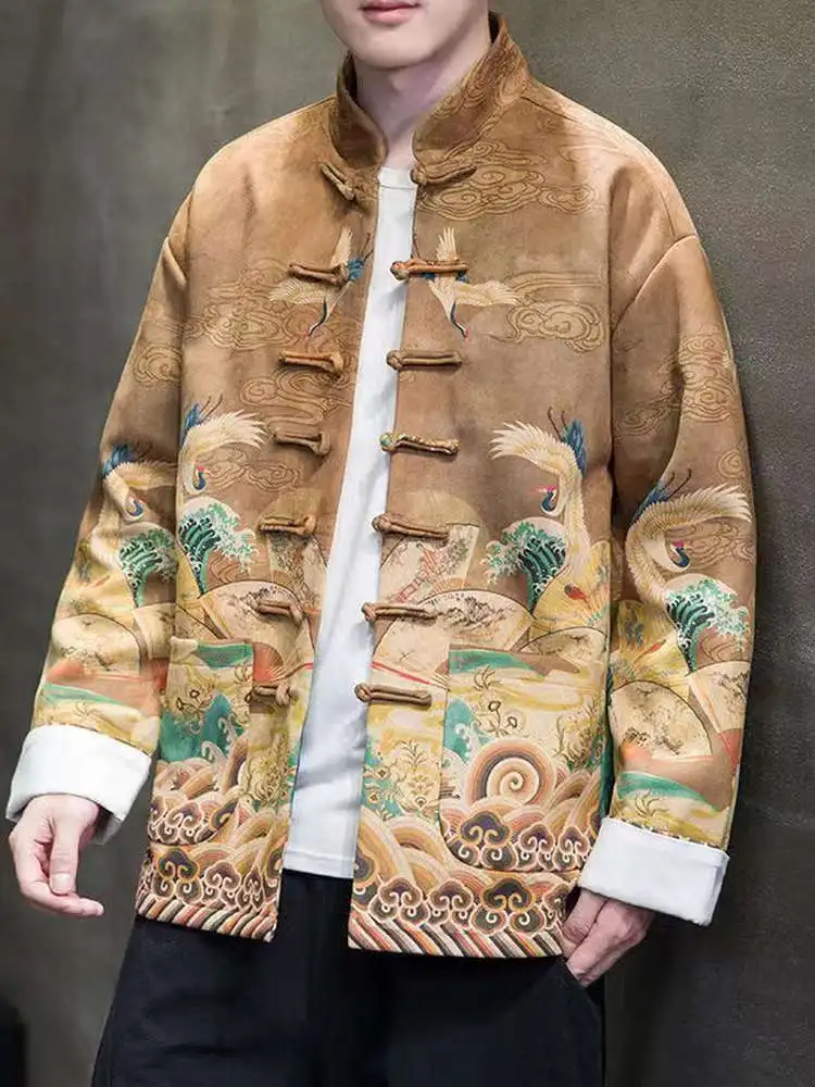 Spring Autumn Men's Youth Chinese Sle Jaet Printed Hanfu Coat Stand Collar Button up Loose Fit Wear Resistant Long Sve